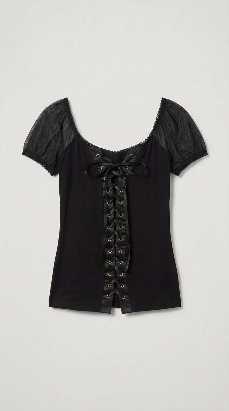 Y2K Body Central Lace-Up Top Size M Black Mesh Puff Sleeve Corset Style